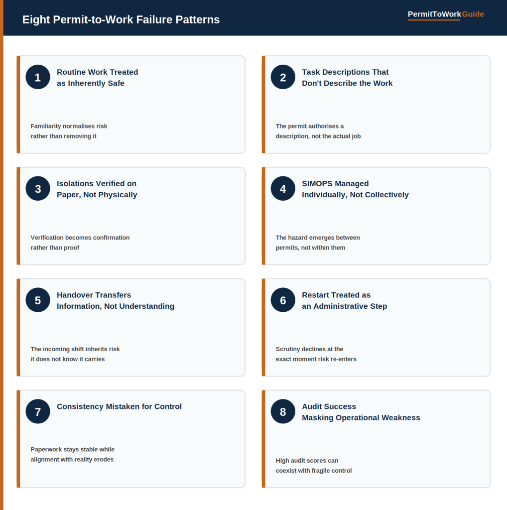 Grid of eight common permit-to-work failure patterns including routine work treated as safe, isolations verified on paper, SIMOPS managed individually, and audit success masking operational weakness