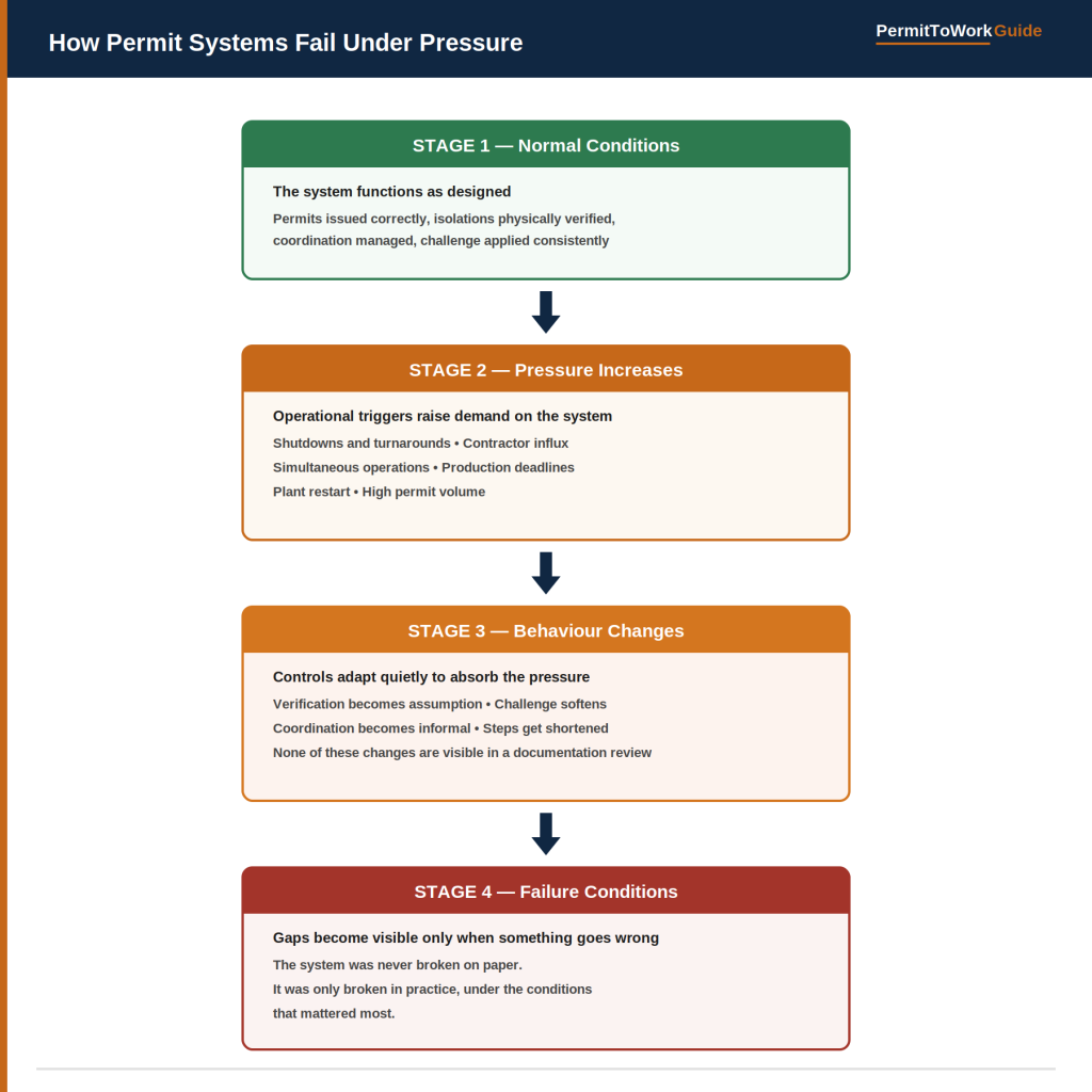 Diagram showing how permit-to-work systems fail under pressure across four stages: normal conditions, pressure increases, behaviour changes, and failure conditions